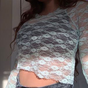 Floral mesh mint green long sleeve top